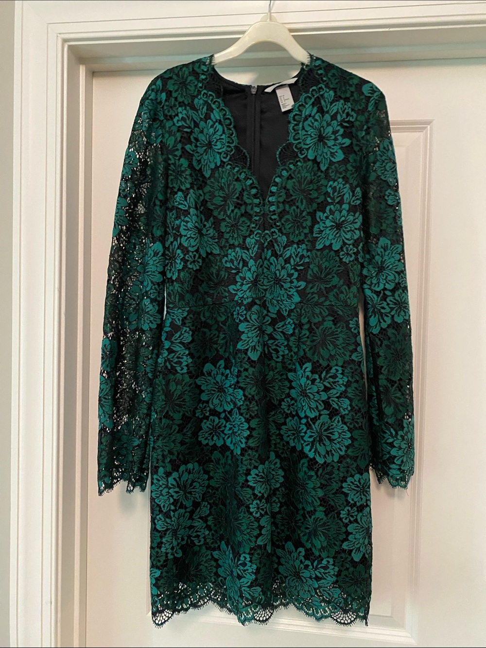 Green Floral Lace Long-Sleeve Dress with Scalloped Hem